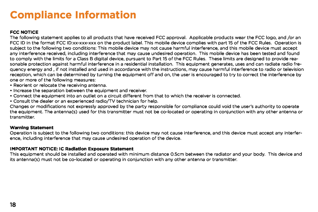 NuVision TM1318 Compliance Information, Fcc Notice, Warning Statement, IMPORTANT NOTICE IC Radiation Exposure Statement 