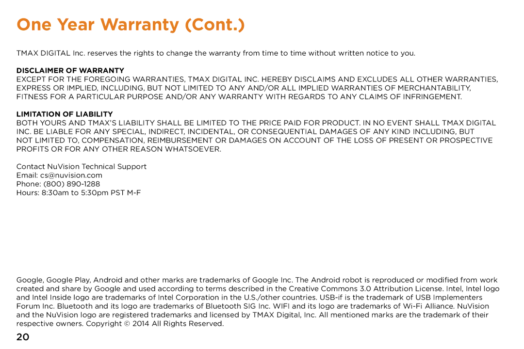 NuVision TM1318 quick start Disclaimer of Warranty 