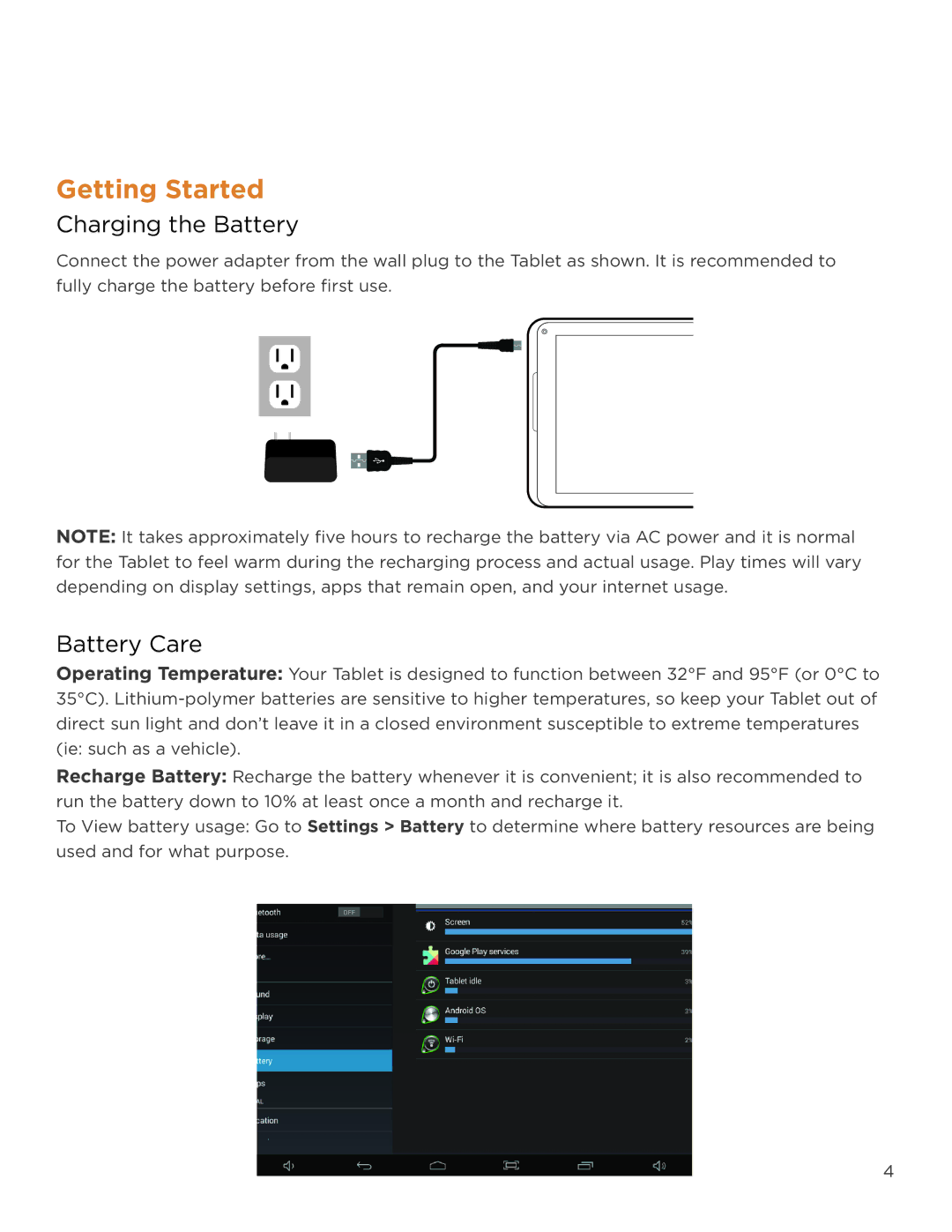 NuVision TM800A510L, 520L user manual Getting Started, Charging the Battery, Battery Care 