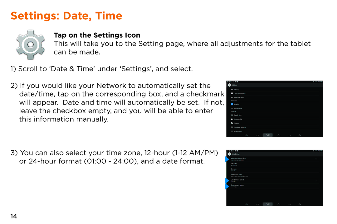 NuVision TM800A510L, TM800A520L quick start Settings Date, Time, Tap on the Settings Icon 