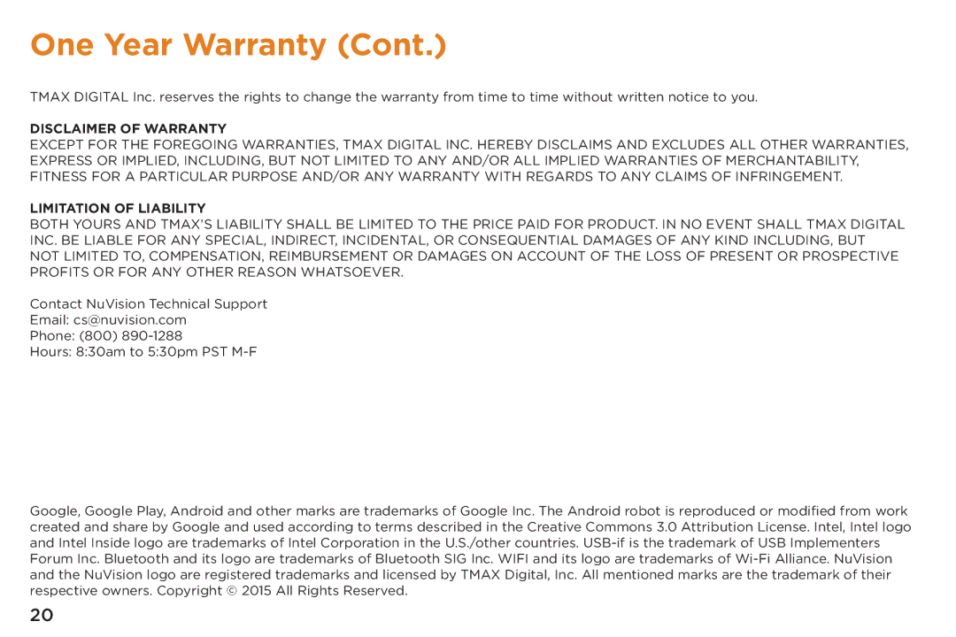 NuVision TM800A510L, TM800A520L quick start Disclaimer of Warranty 