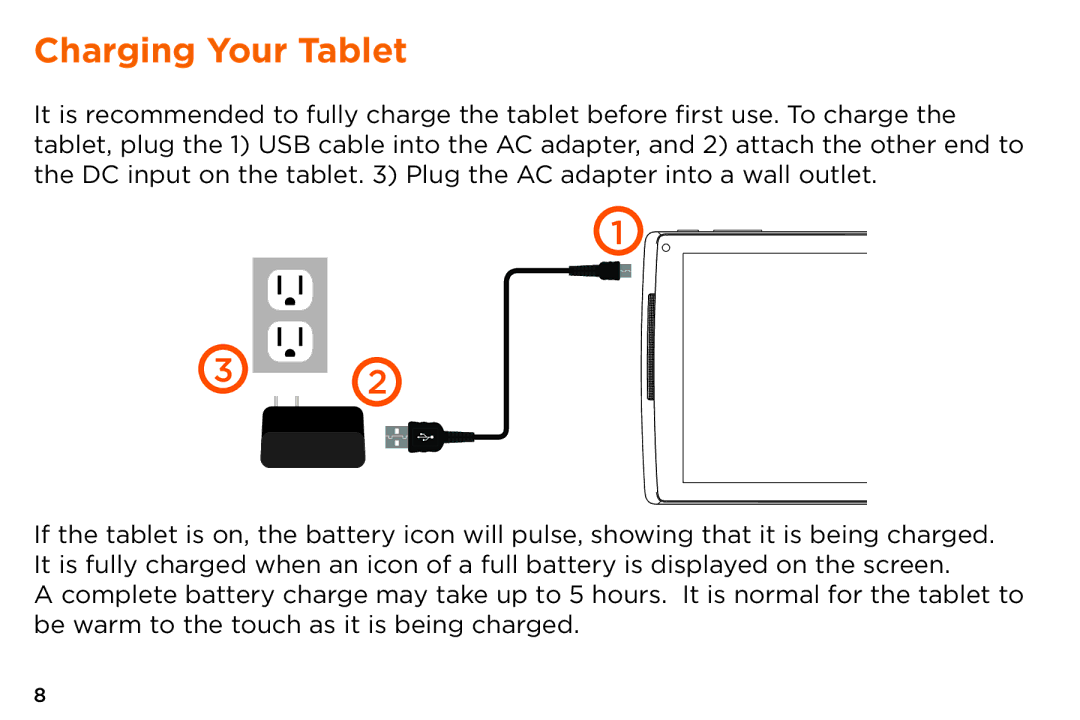 NuVision TM800A510L, TM800A520L quick start Charging Your Tablet 