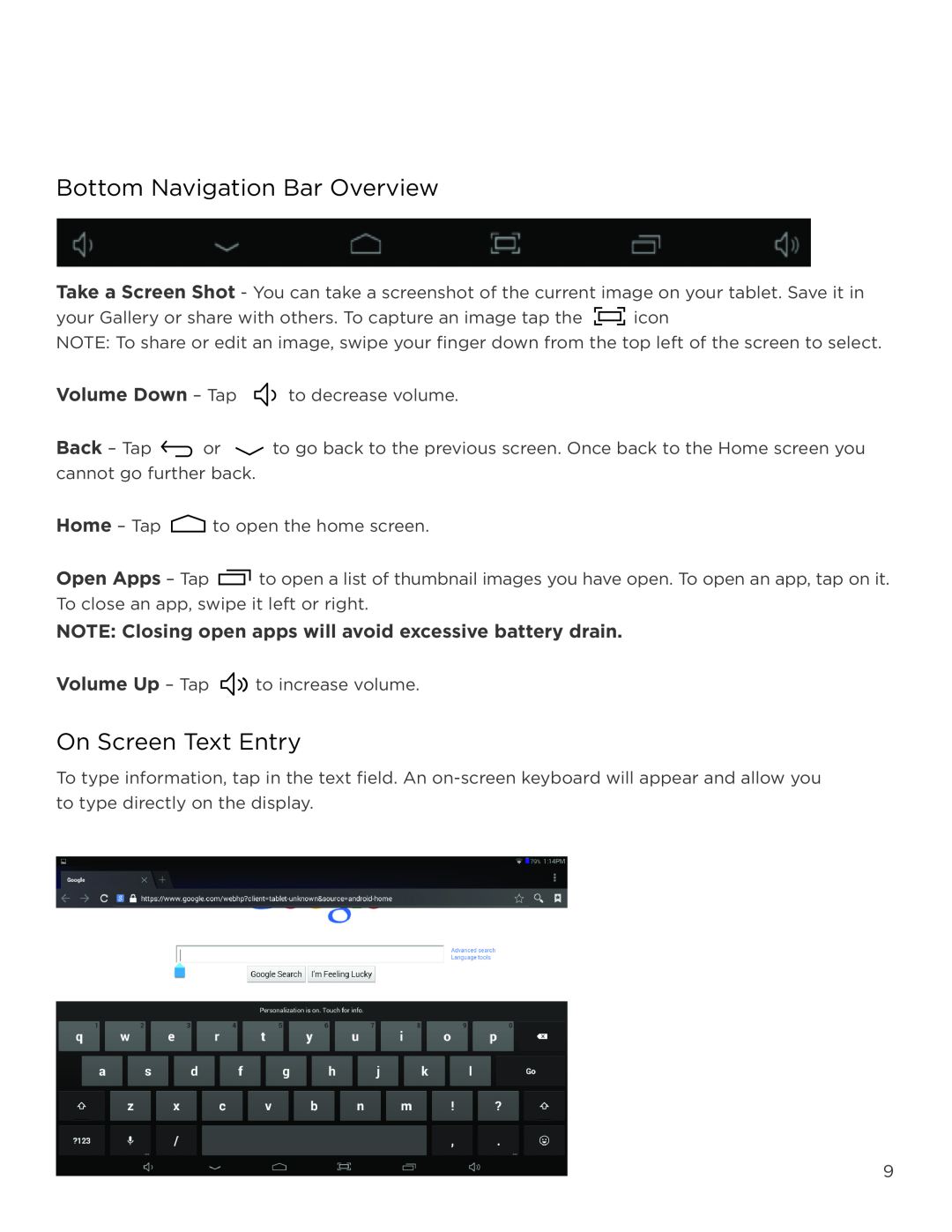 NuVision TM800A520L user manual Bottom Navigation Bar Overview, On Screen Text Entry, Volume Down - Tap 