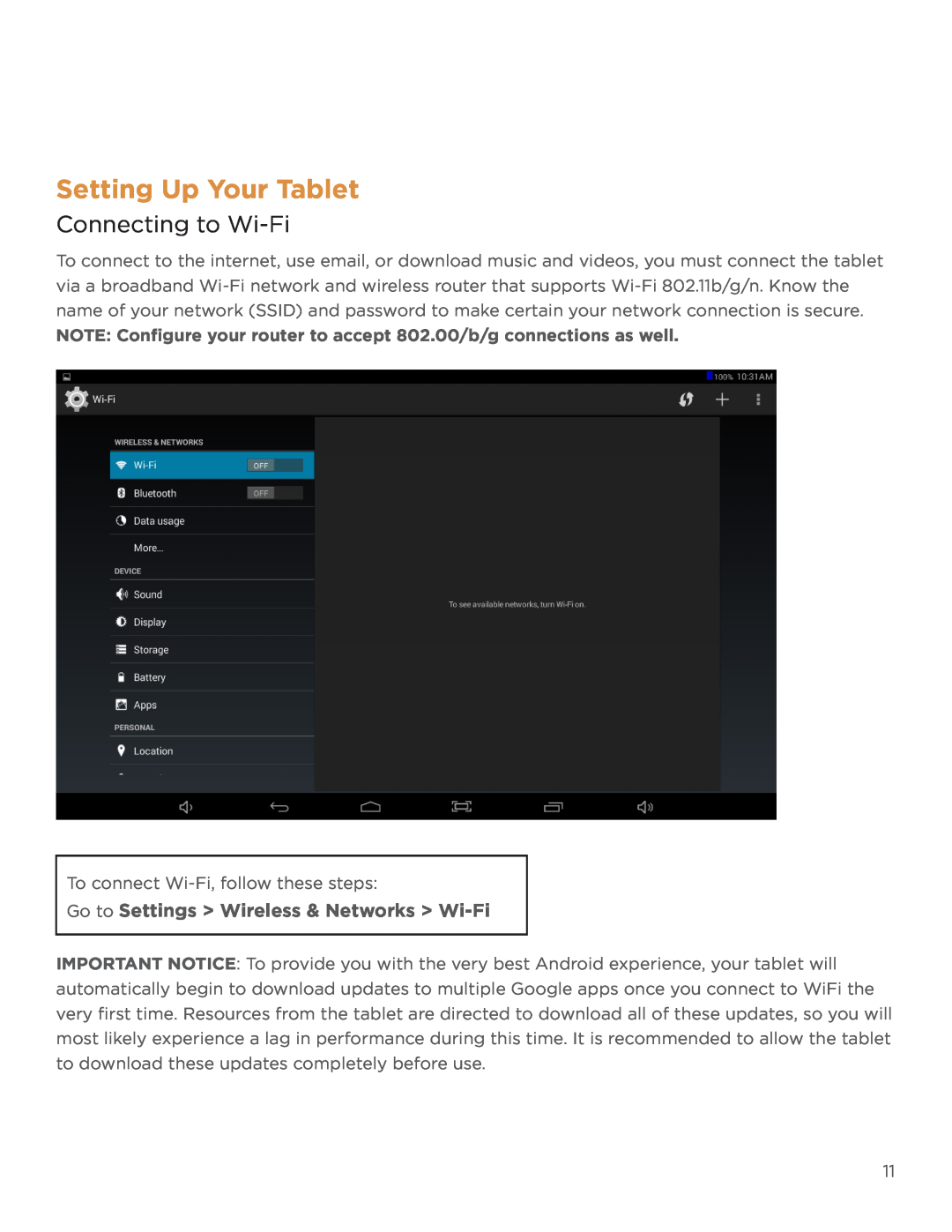 NuVision TM800A520L user manual Setting Up Your Tablet, Connecting to Wi-Fi, Go to Settings Wireless & Networks Wi-Fi 