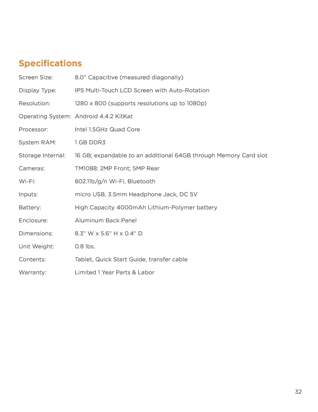 NuVision TM800A520L user manual Specifications 