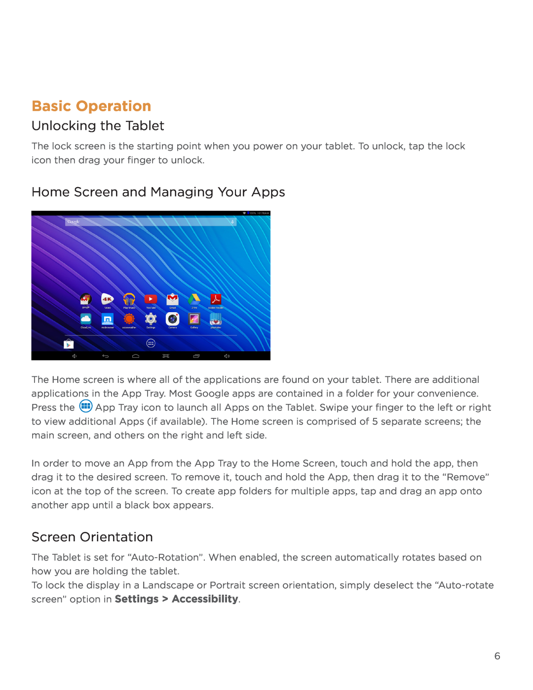 NuVision TM800A520L Basic Operation, Unlocking the Tablet, Home Screen and Managing Your Apps, Screen Orientation 