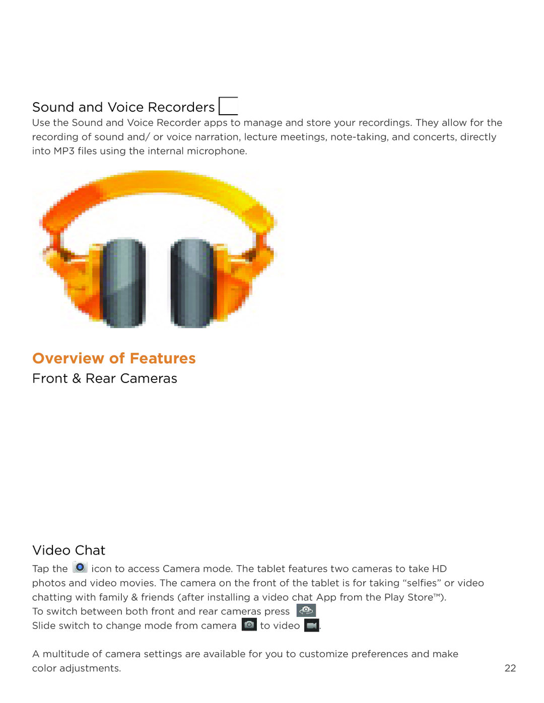 NuVision TM800A520L user manual Overview of Features, Sound and Voice Recorders, Front & Rear Cameras Video Chat 