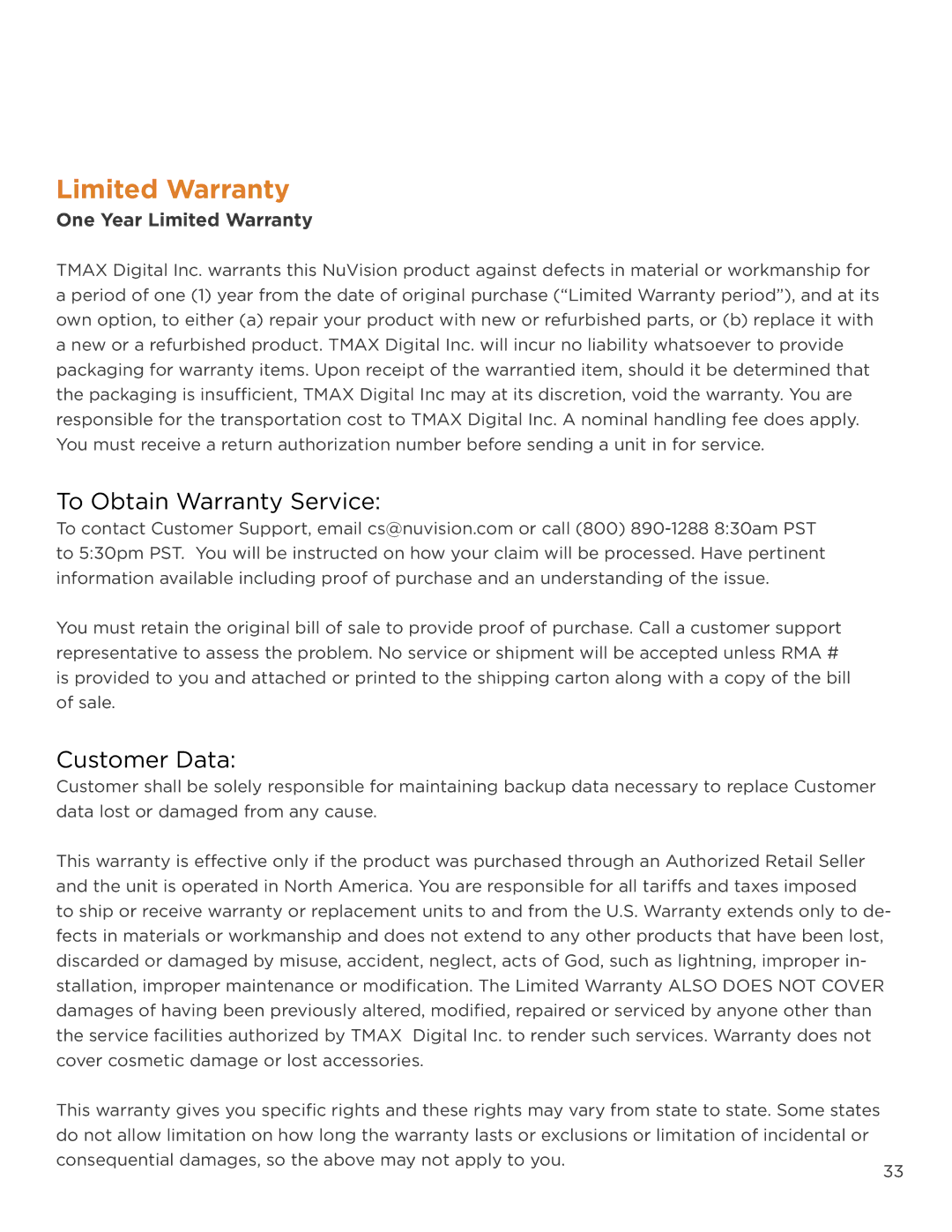 NuVision TM800A520L user manual To Obtain Warranty Service, Customer Data, One Year Limited Warranty 