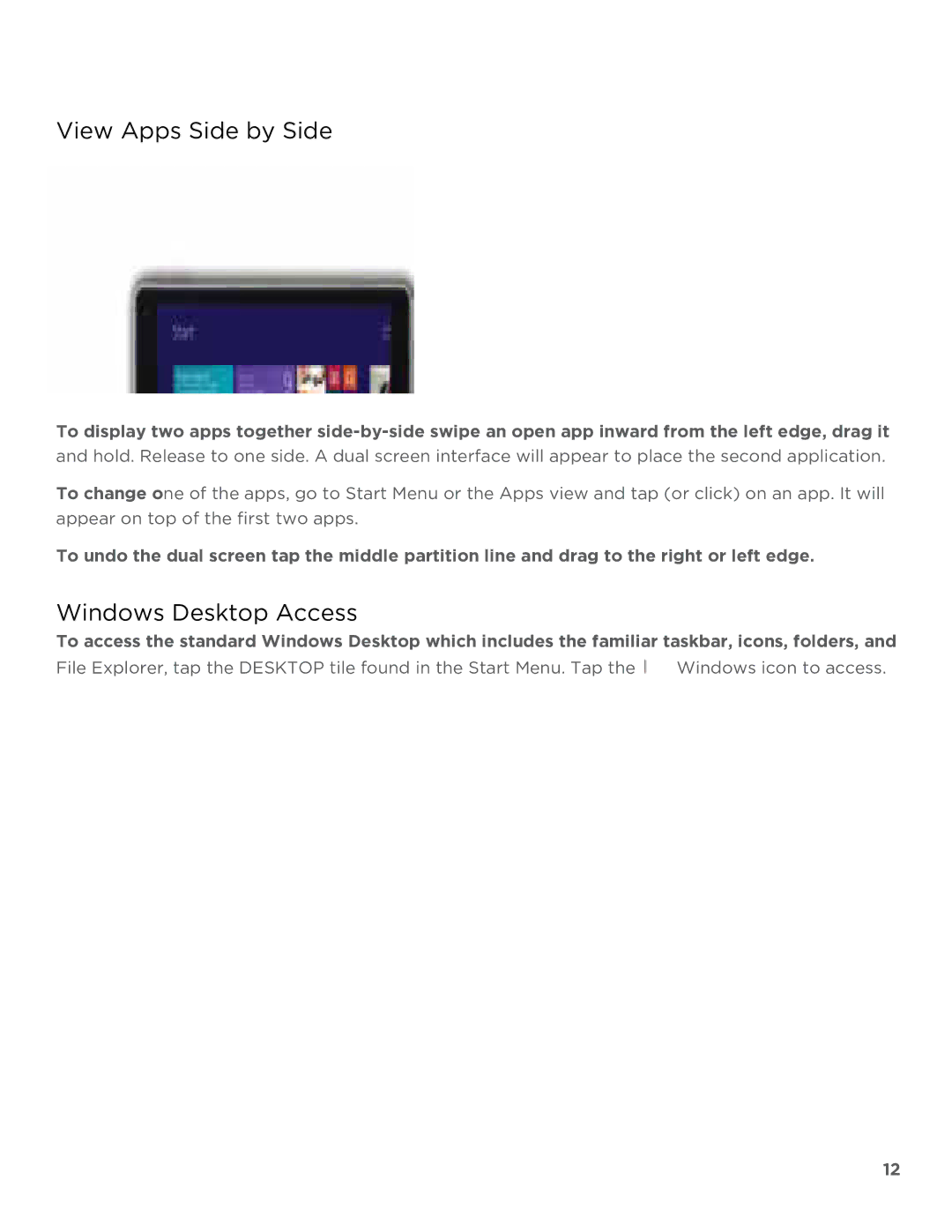 NuVision TM808 user manual View Apps Side by Side, Windows Desktop Access 