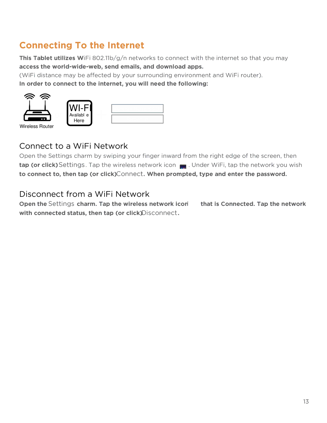 NuVision TM808 user manual Connecting To the Internet, Connect to a WiFi Network, Disconnect from a WiFi Network 