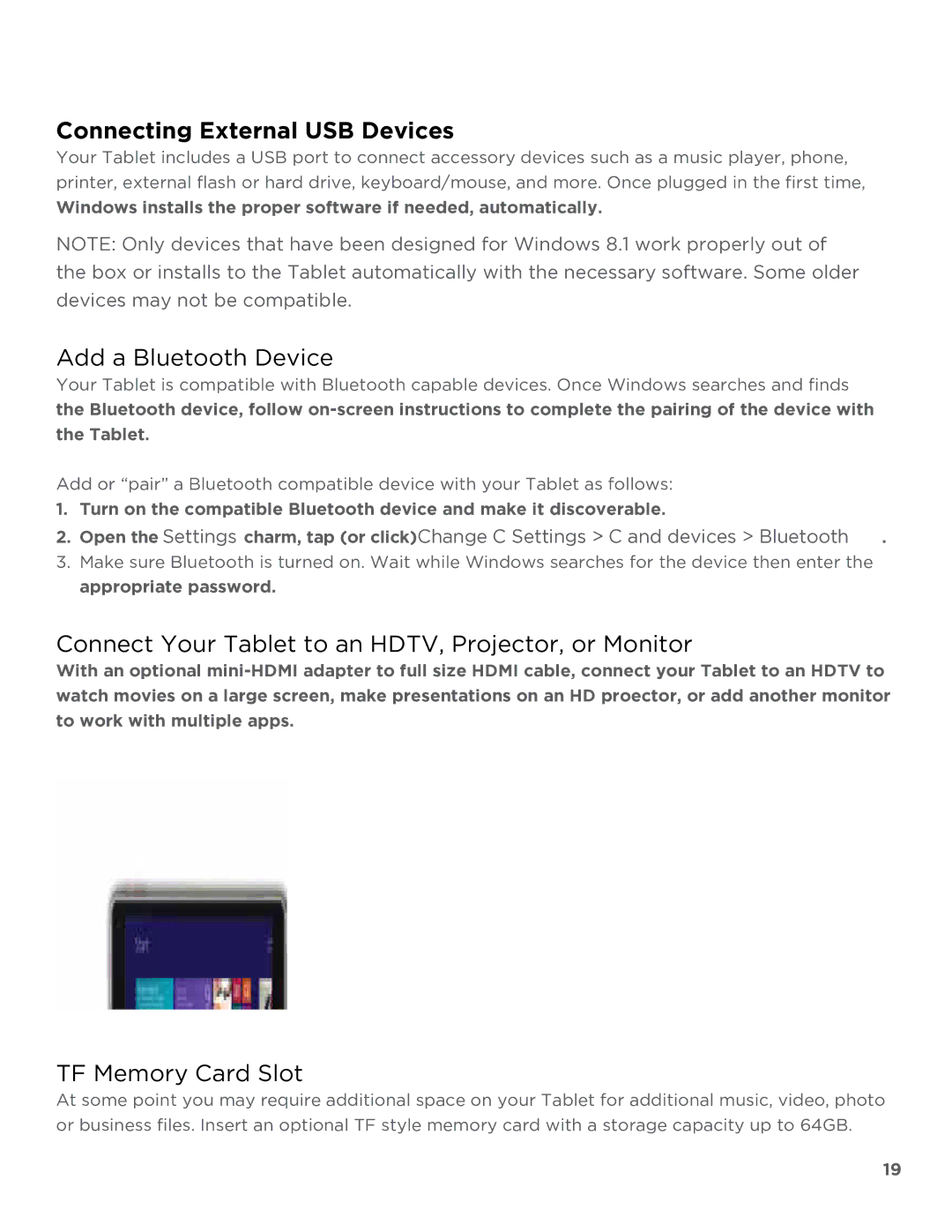 NuVision TM808 user manual Connecting External USB Devices, Add a Bluetooth Device, TF Memory Card Slot 