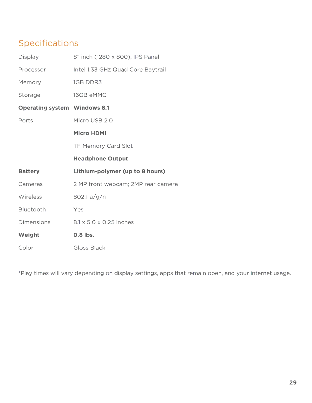 NuVision TM808 user manual Specifications, 1GB DDR3 