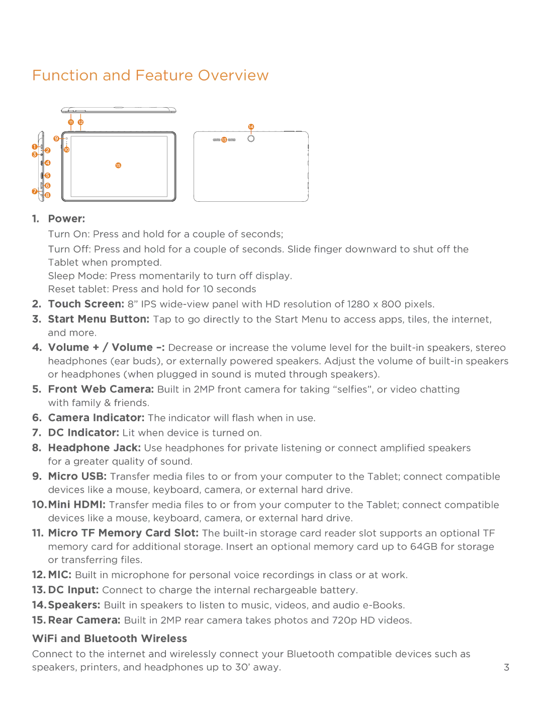 NuVision TM808 user manual Function and Feature Overview, Power, WiFi and Bluetooth Wireless 