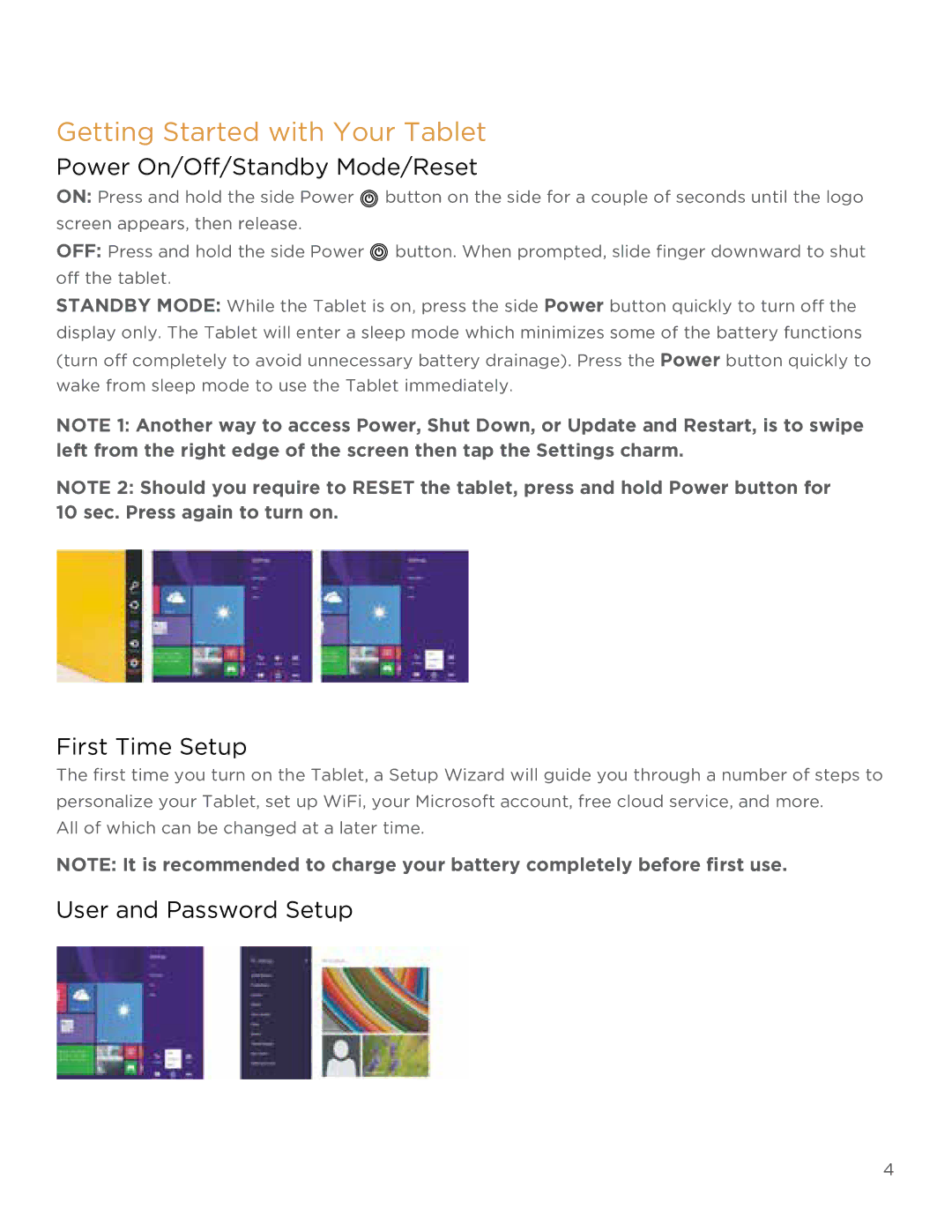 NuVision TM808 user manual Getting Started with Your Tablet, Power On/Off/Standby Mode/Reset, First Time Setup 