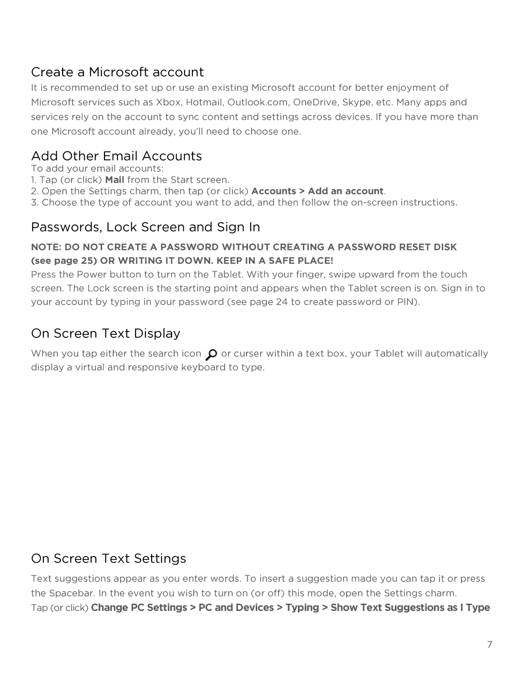 NuVision TM808 user manual Create a Microsoft account, Add Other Email Accounts, Passwords, Lock Screen and Sign 