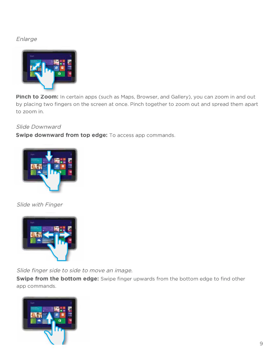 NuVision TM808 user manual Enlarge, Swipe downward from top edge To access app commands 