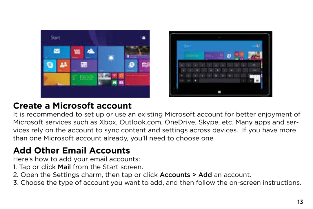 NuVision TM808 quick start Create a Microsoft account, Add Other Email Accounts 