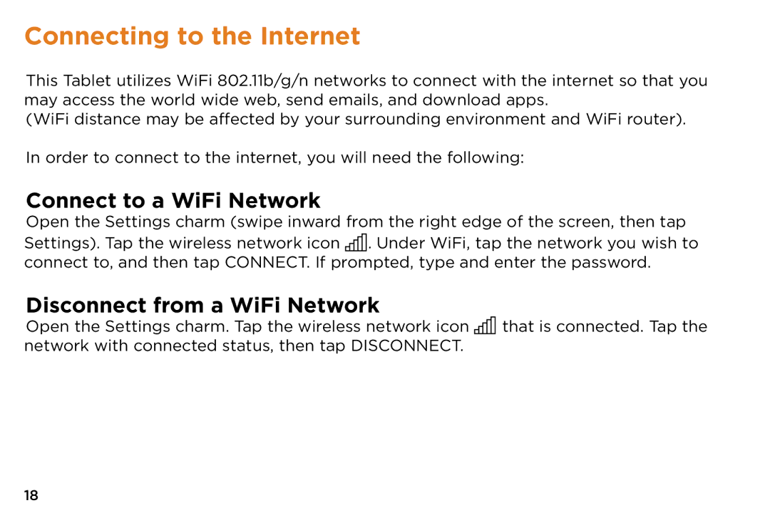 NuVision TM808 quick start Connecting to the Internet, Connect to a WiFi Network, Disconnect from a WiFi Network 