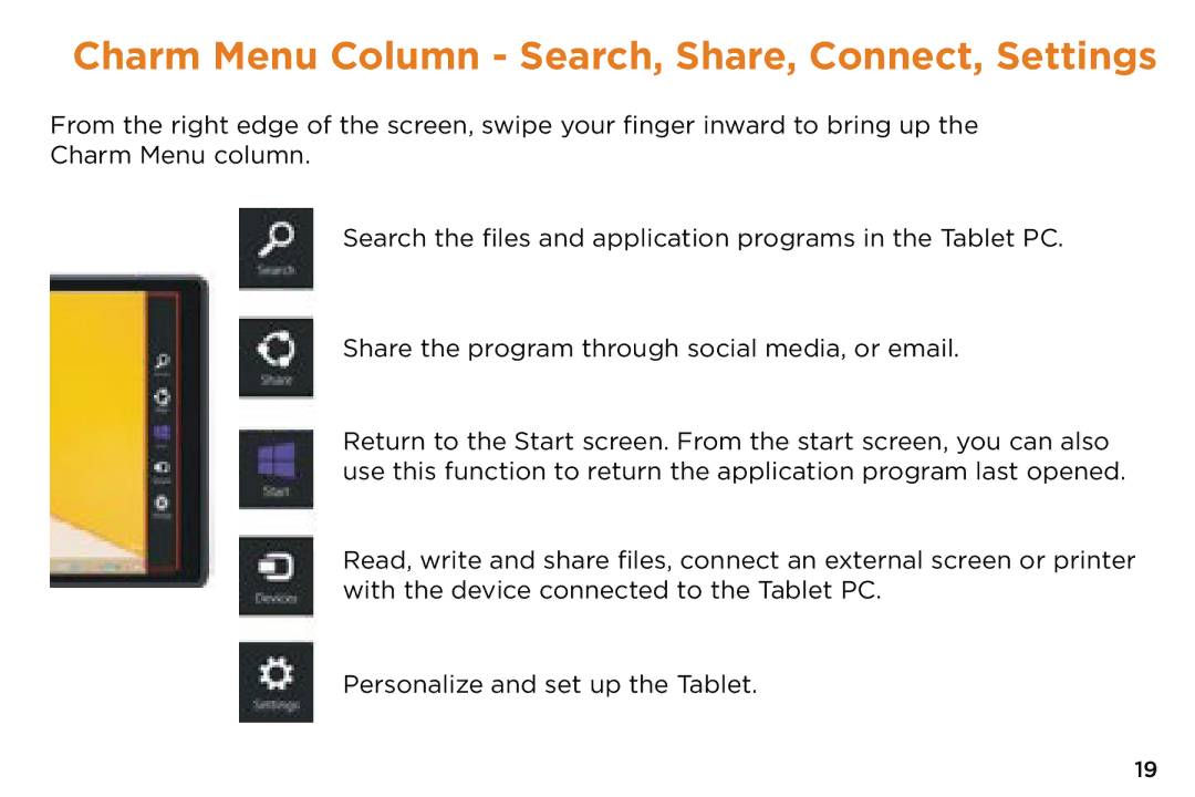 NuVision TM808 quick start Charm Menu Column Search, Share, Connect, Settings 