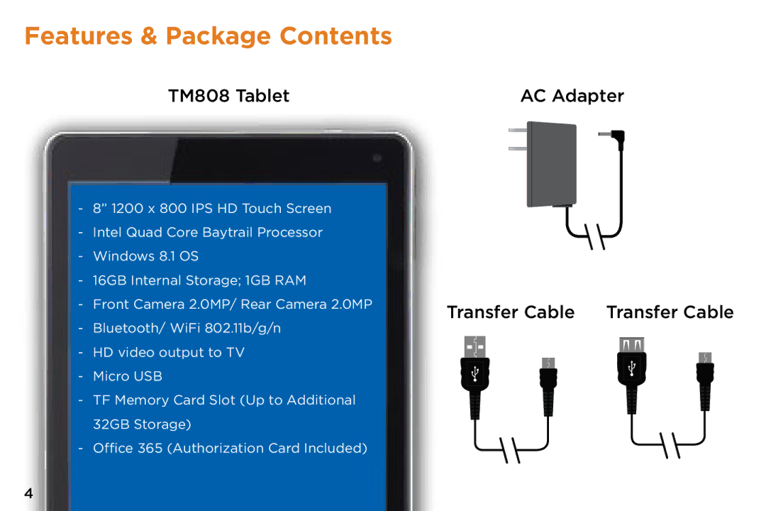 NuVision TM808 quick start Features & Package Contents 