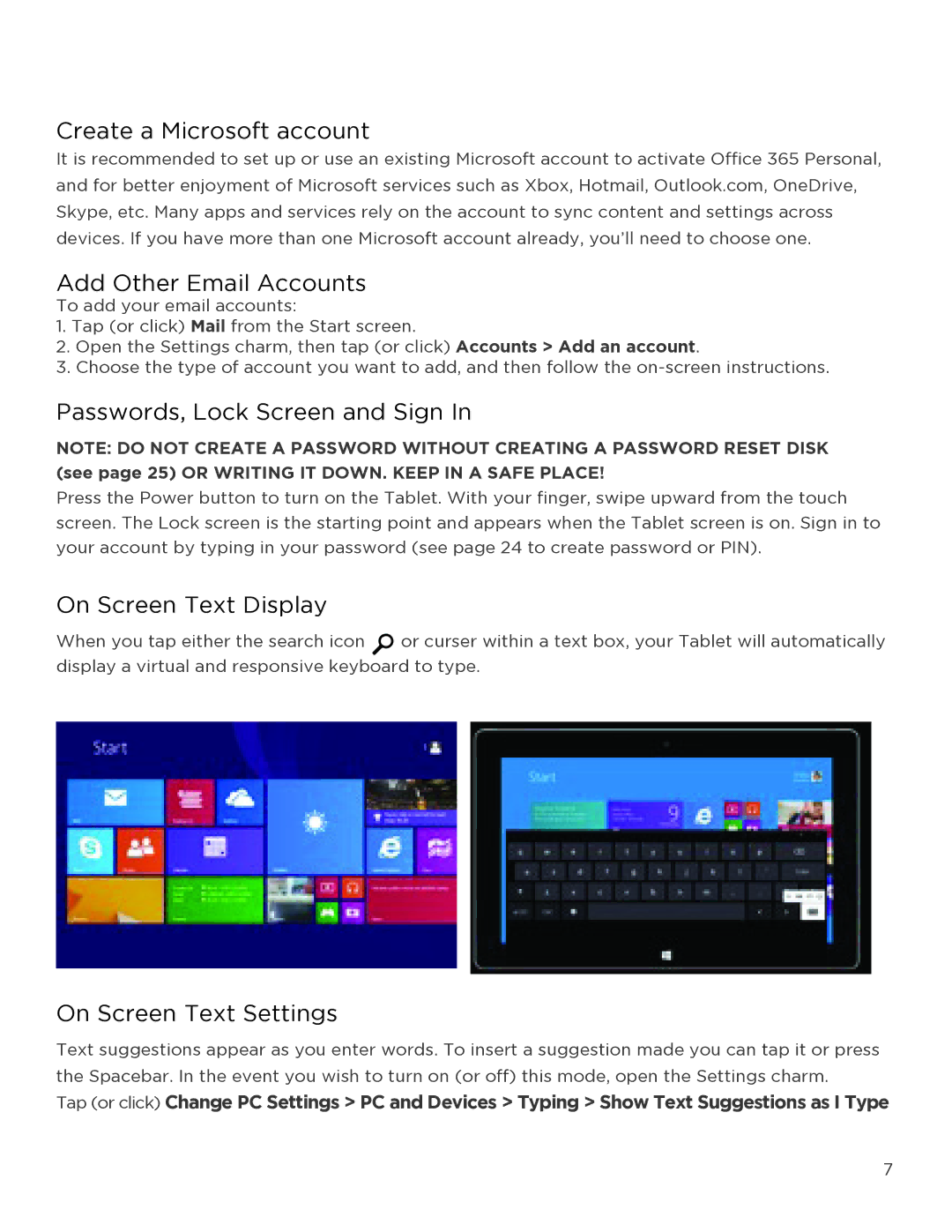 NuVision TM818 user manual Create a Microsoft account, Add Other Email Accounts, Passwords, Lock Screen and Sign 