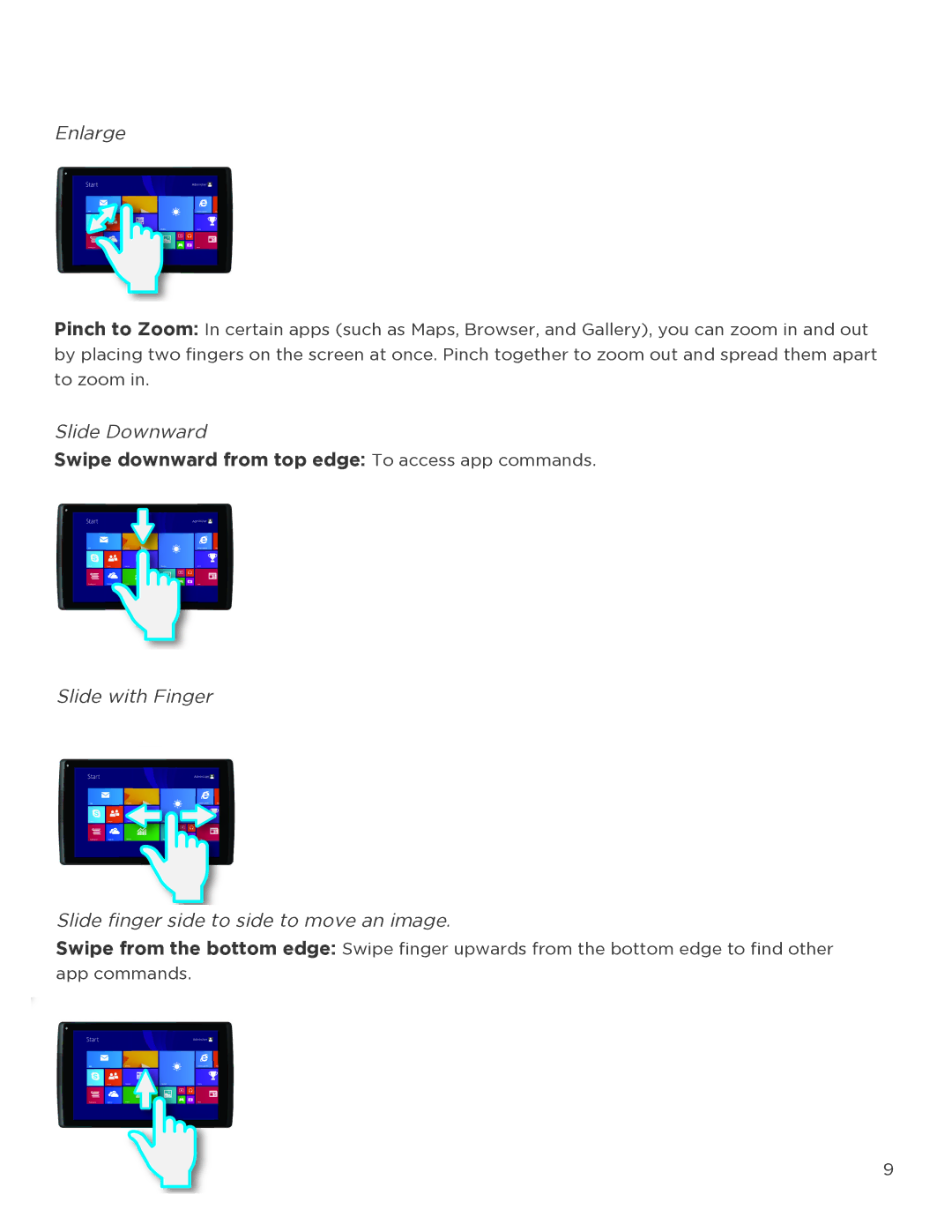 NuVision TM818 user manual Enlarge, Swipe downward from top edge To access app commands 