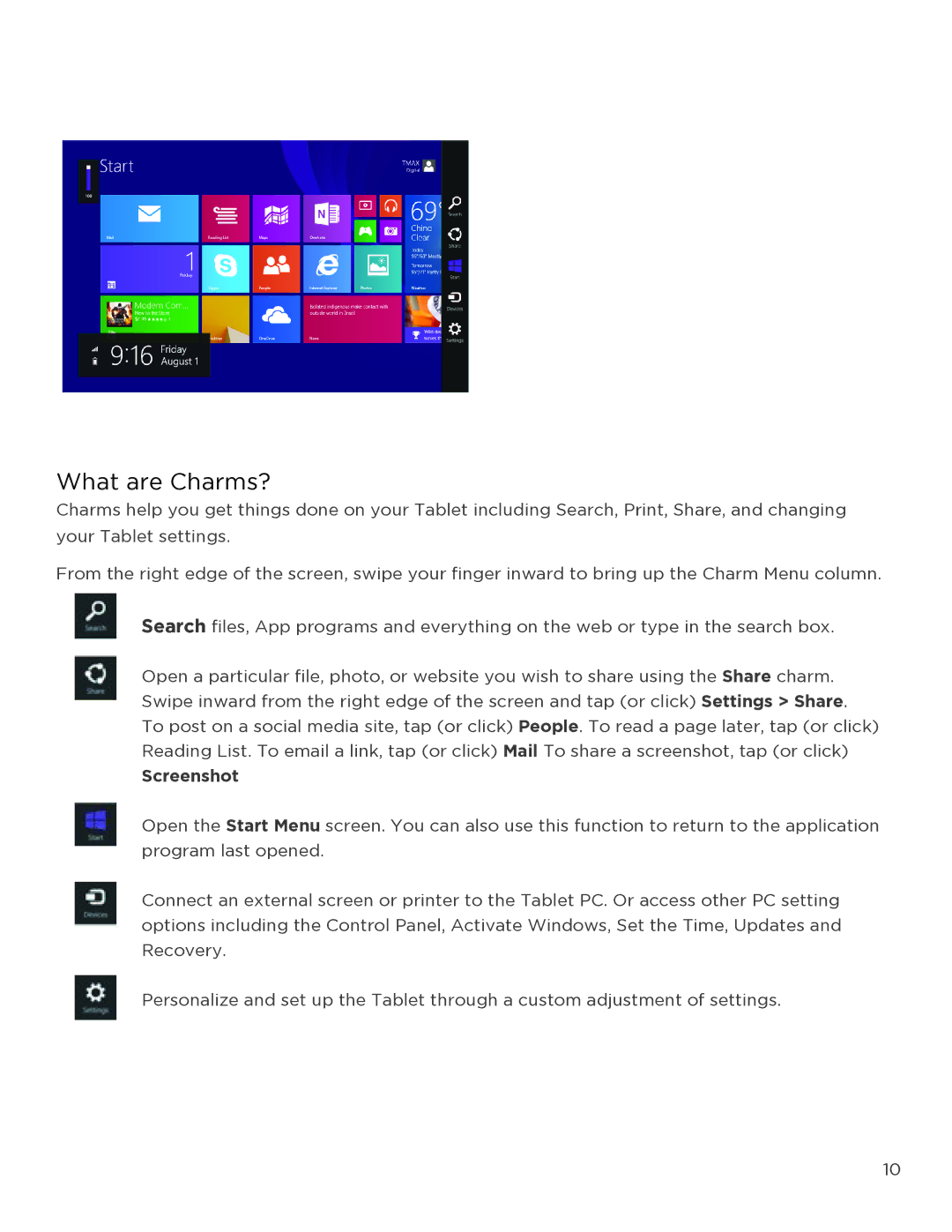 NuVision TM818 user manual What are Charms?, Screenshot 