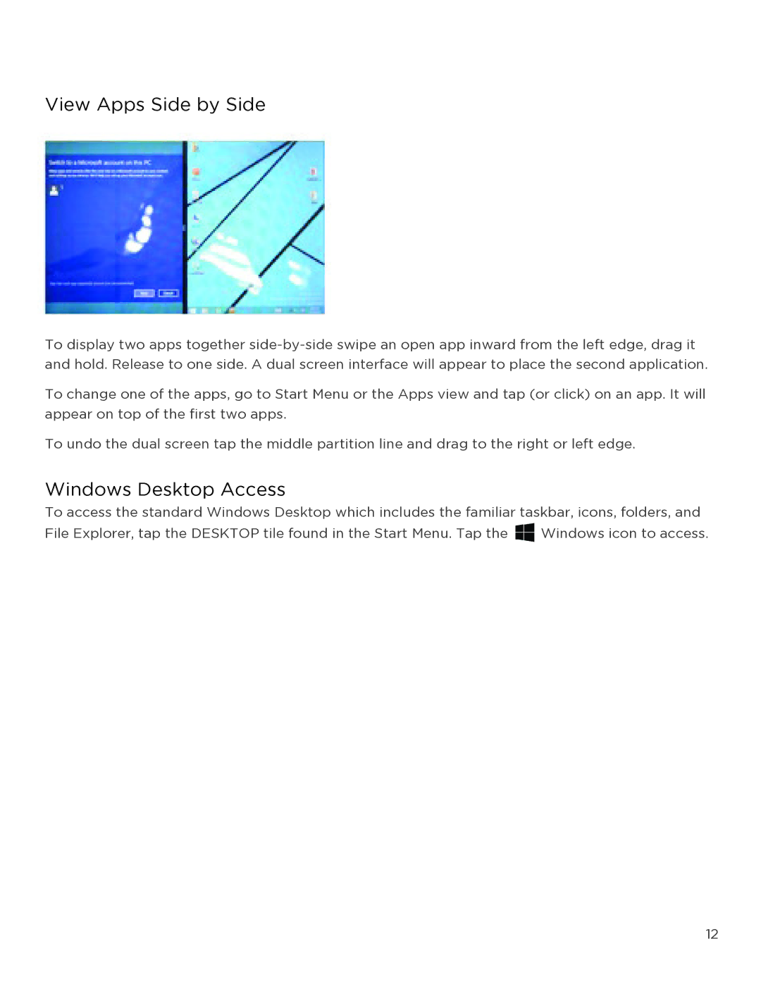 NuVision TM818 user manual View Apps Side by Side, Windows Desktop Access 