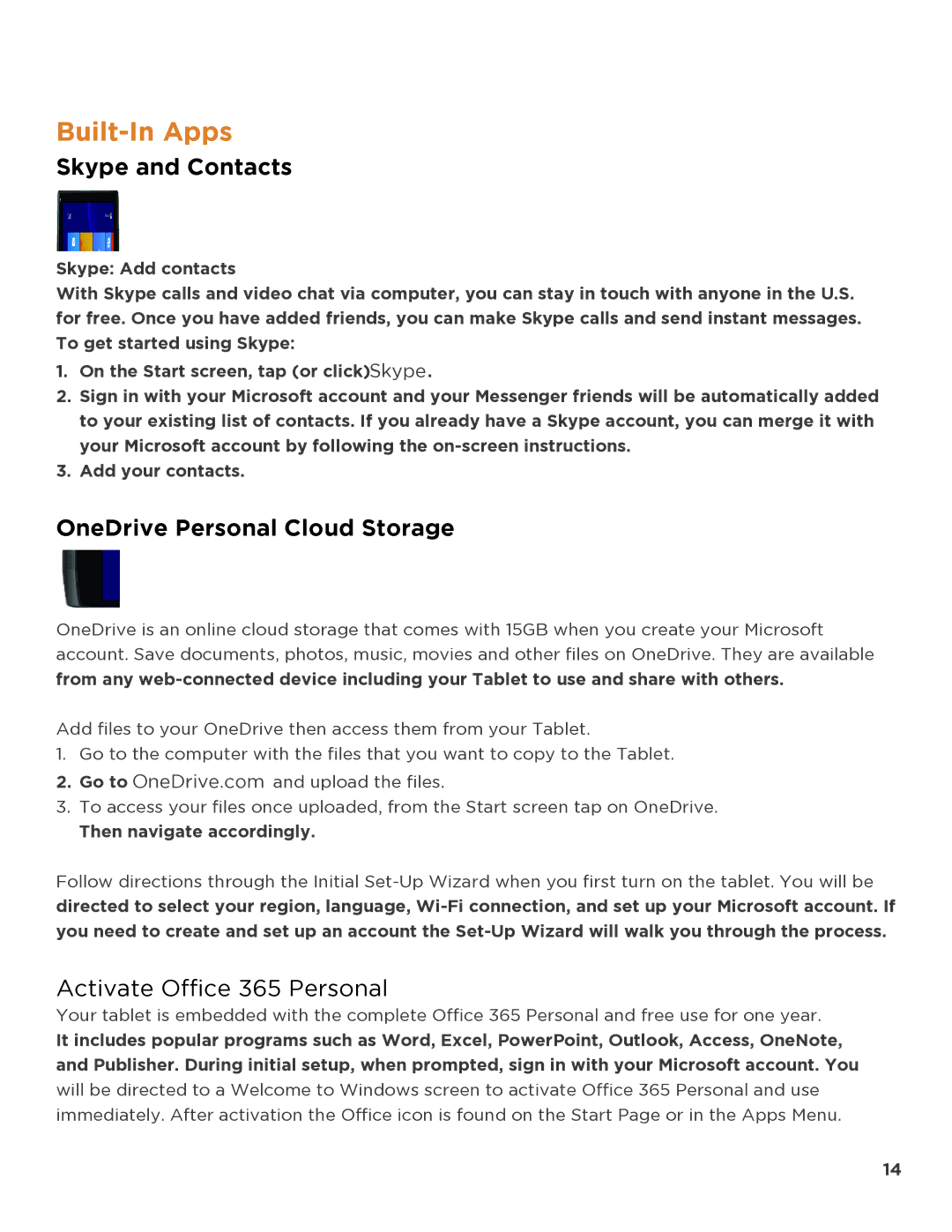 NuVision TM818 user manual Built-In Apps, Skype and Contacts, OneDrive Personal Cloud Storage, Activate Office 365 Personal 