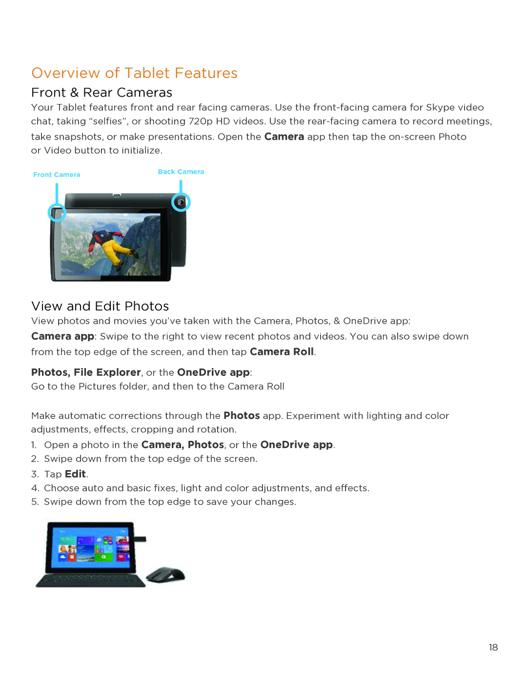 NuVision TM818 user manual Overview of Tablet Features, Front & Rear Cameras, View and Edit Photos 