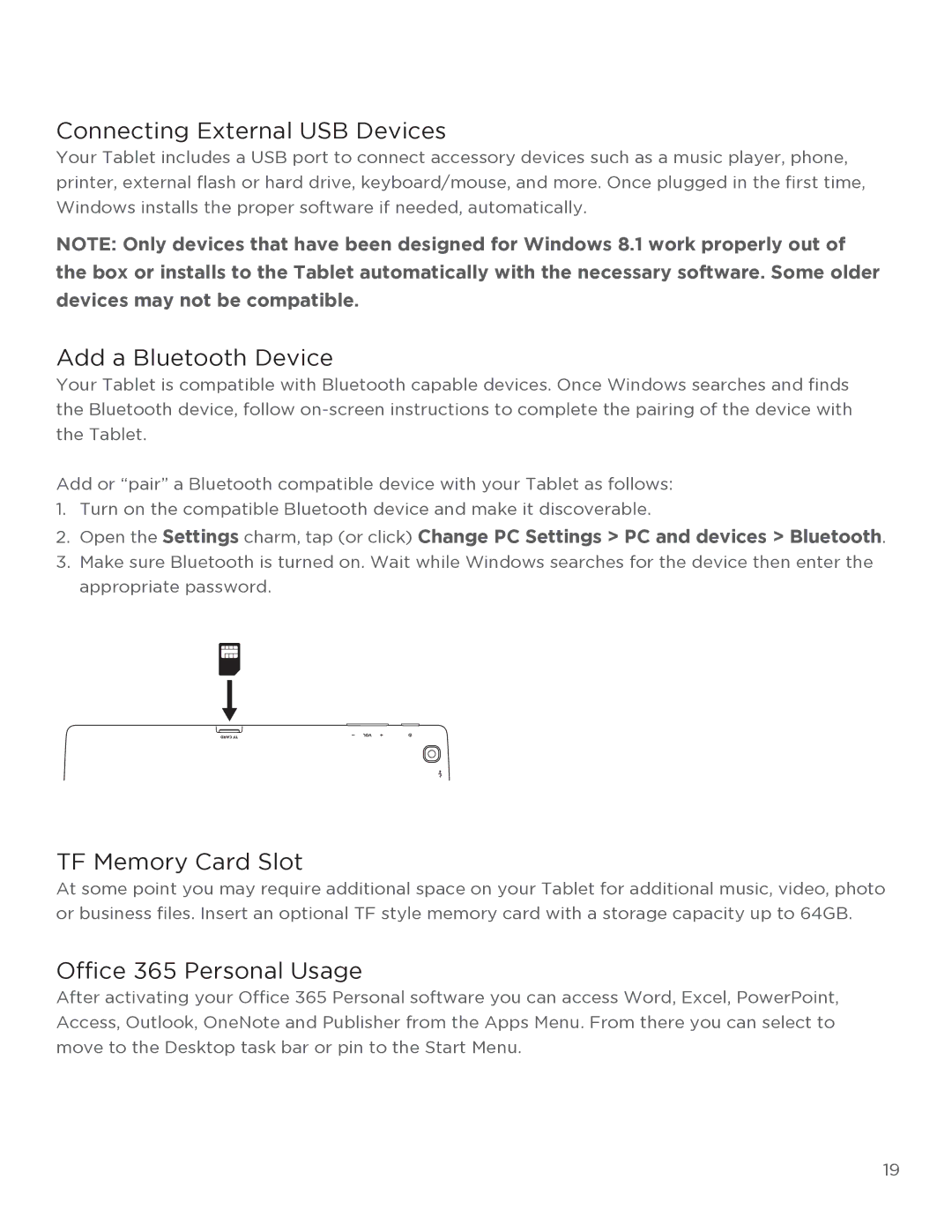 NuVision TM818 Connecting External USB Devices, Add a Bluetooth Device, TF Memory Card Slot, Office 365 Personal Usage 