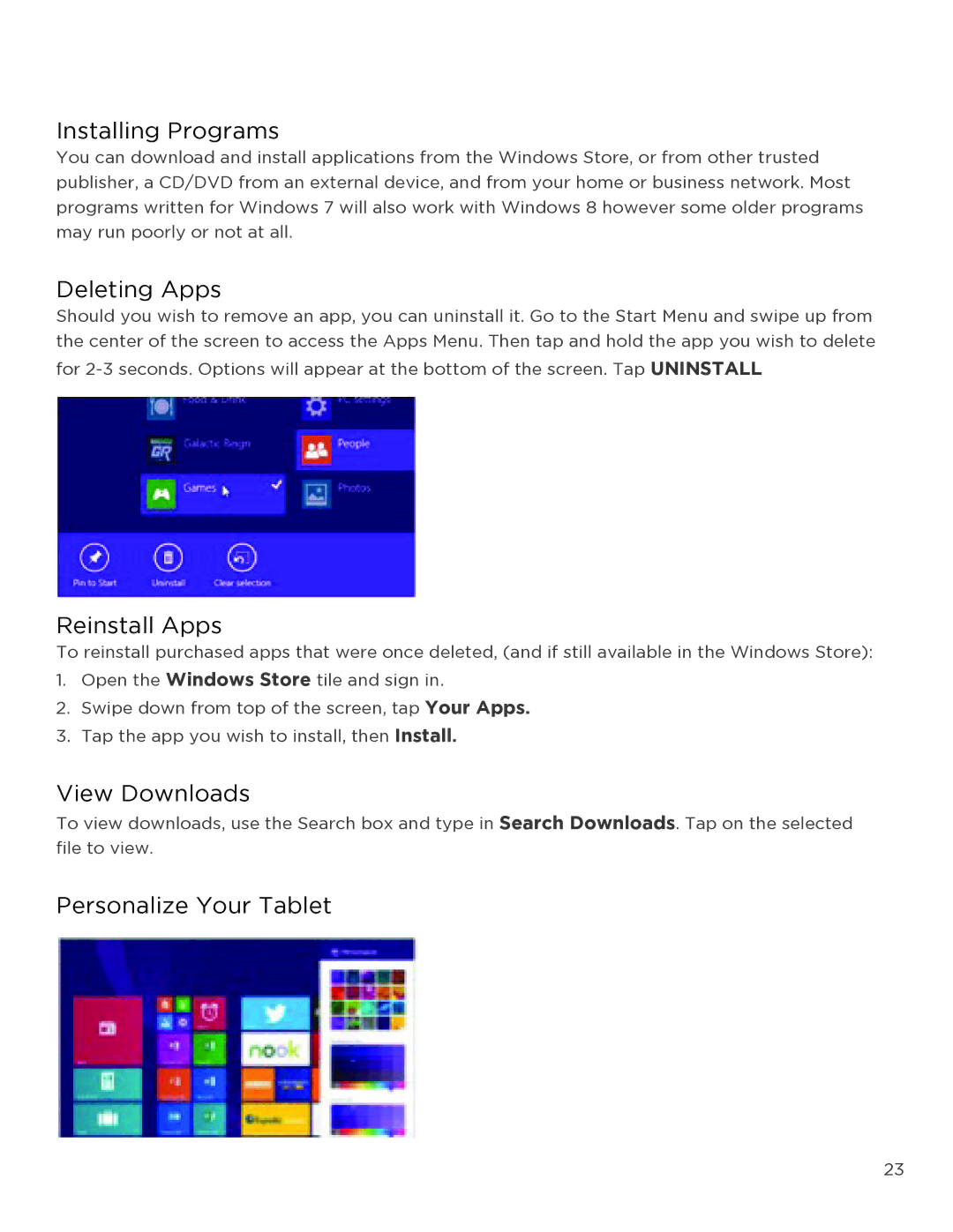 NuVision TM818 user manual Installing Programs, Deleting Apps, Reinstall Apps, View Downloads, Personalize Your Tablet 