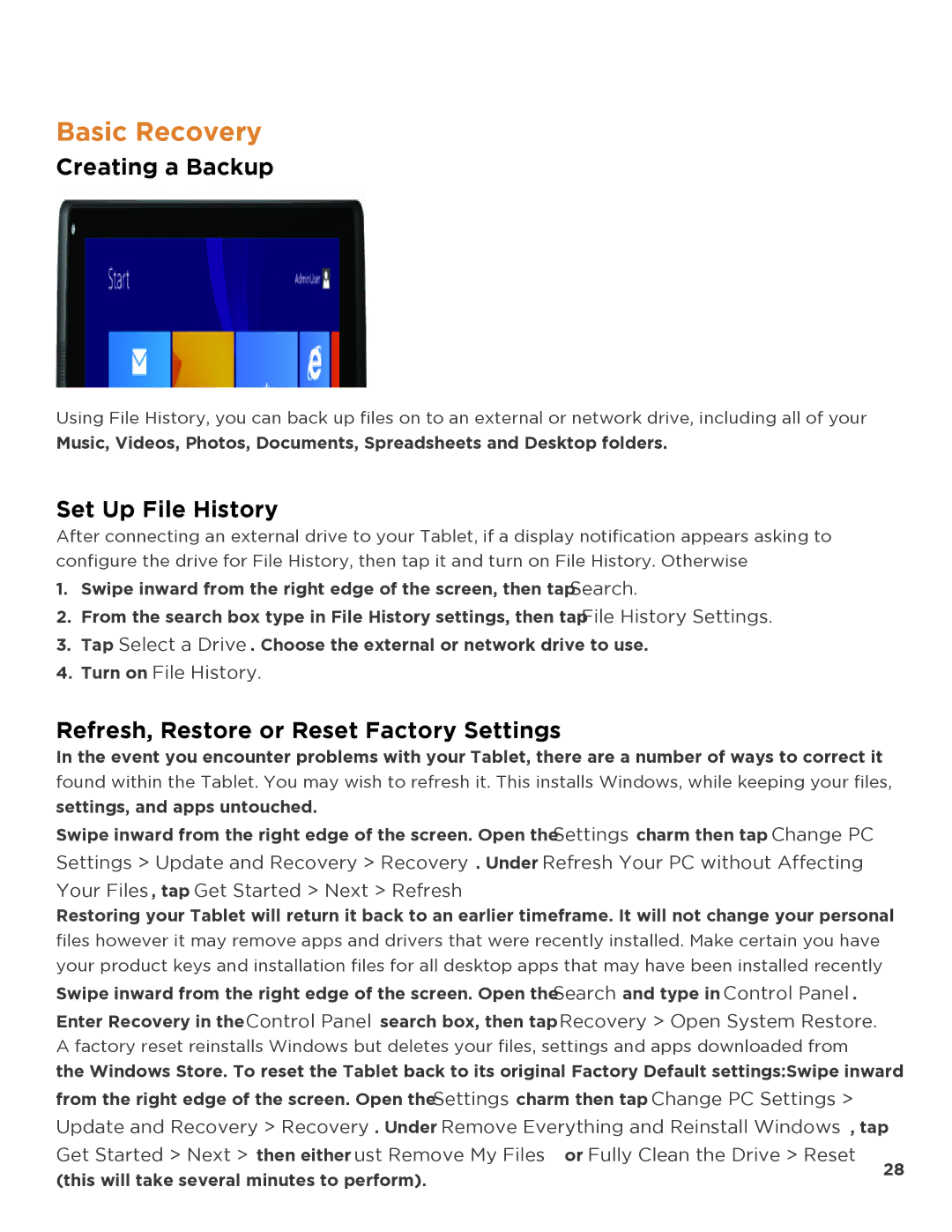 NuVision TM818 Basic Recovery, Creating a Backup, Set Up File History, Refresh, Restore or Reset Factory Settings 