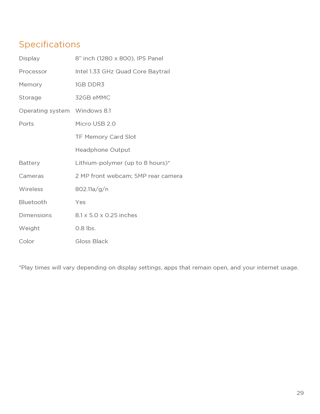 NuVision TM818 user manual Specifications, 1GB DDR3 