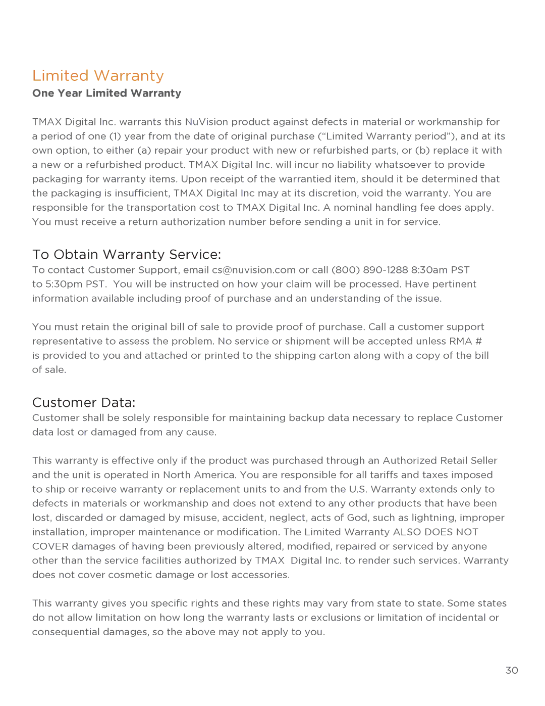 NuVision TM818 user manual To Obtain Warranty Service, Customer Data, One Year Limited Warranty 