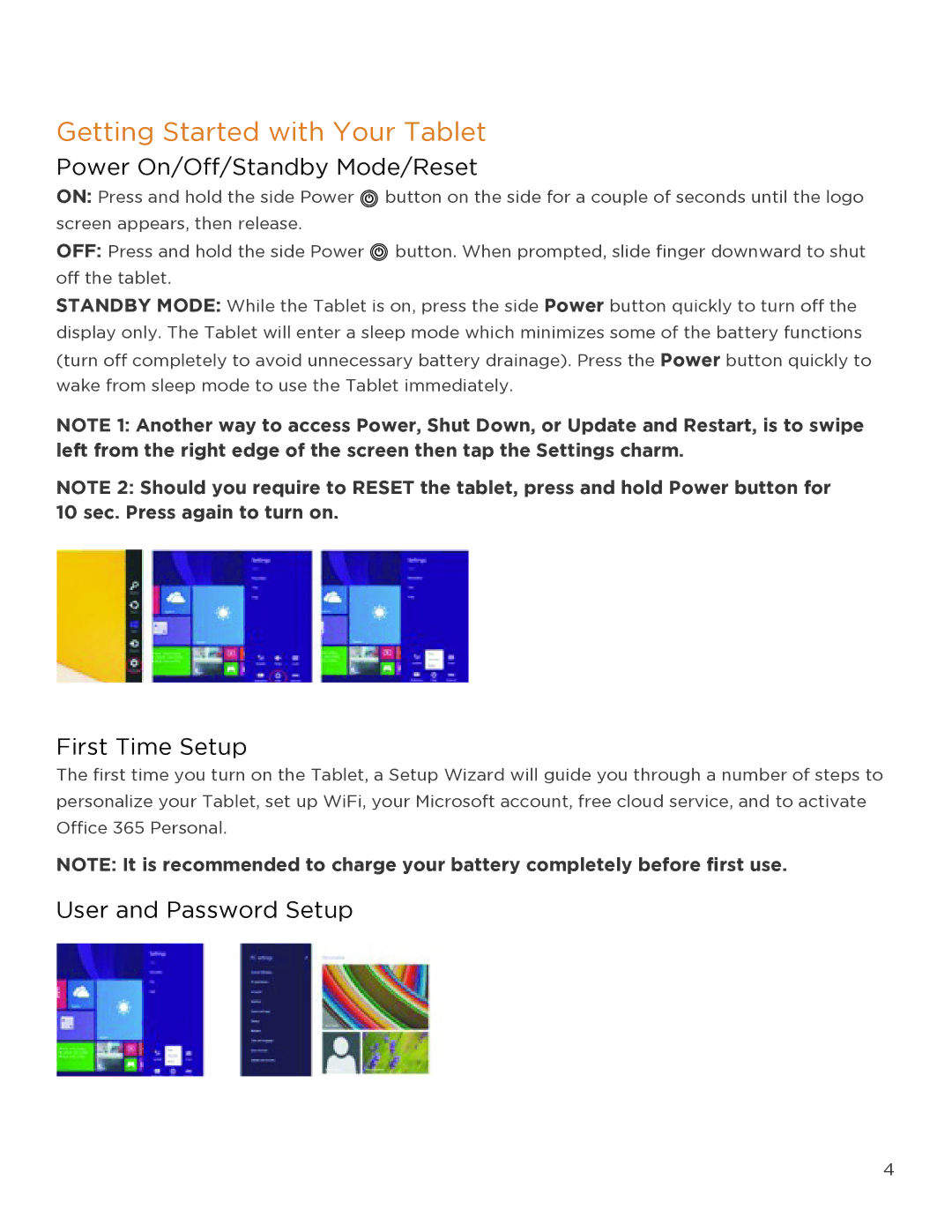 NuVision TM818 user manual Getting Started with Your Tablet, Power On/Off/Standby Mode/Reset, First Time Setup 