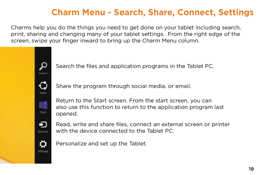 NuVision v2-073014 quick start Charm Menu Search, Share, Connect, Settings 