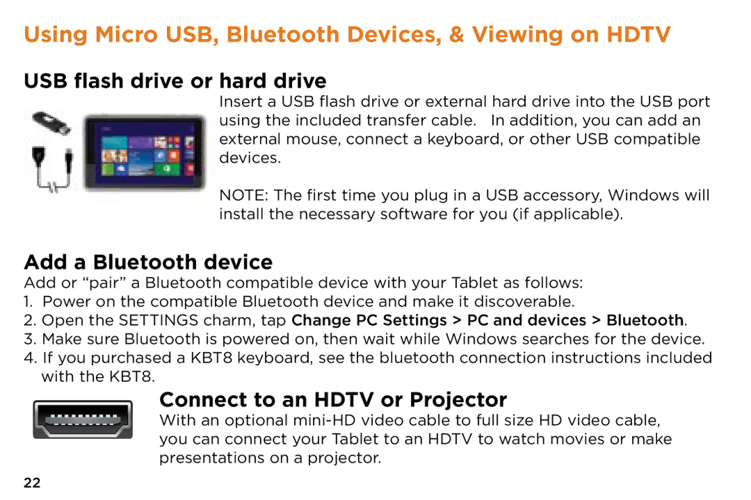 NuVision v2-073014 quick start USB flash drive or hard drive, Add a Bluetooth device, Connect to an Hdtv or Projector 