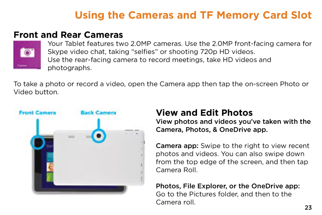 NuVision v2-073014 quick start Using the Cameras and TF Memory Card Slot, Front and Rear Cameras, View and Edit Photos 