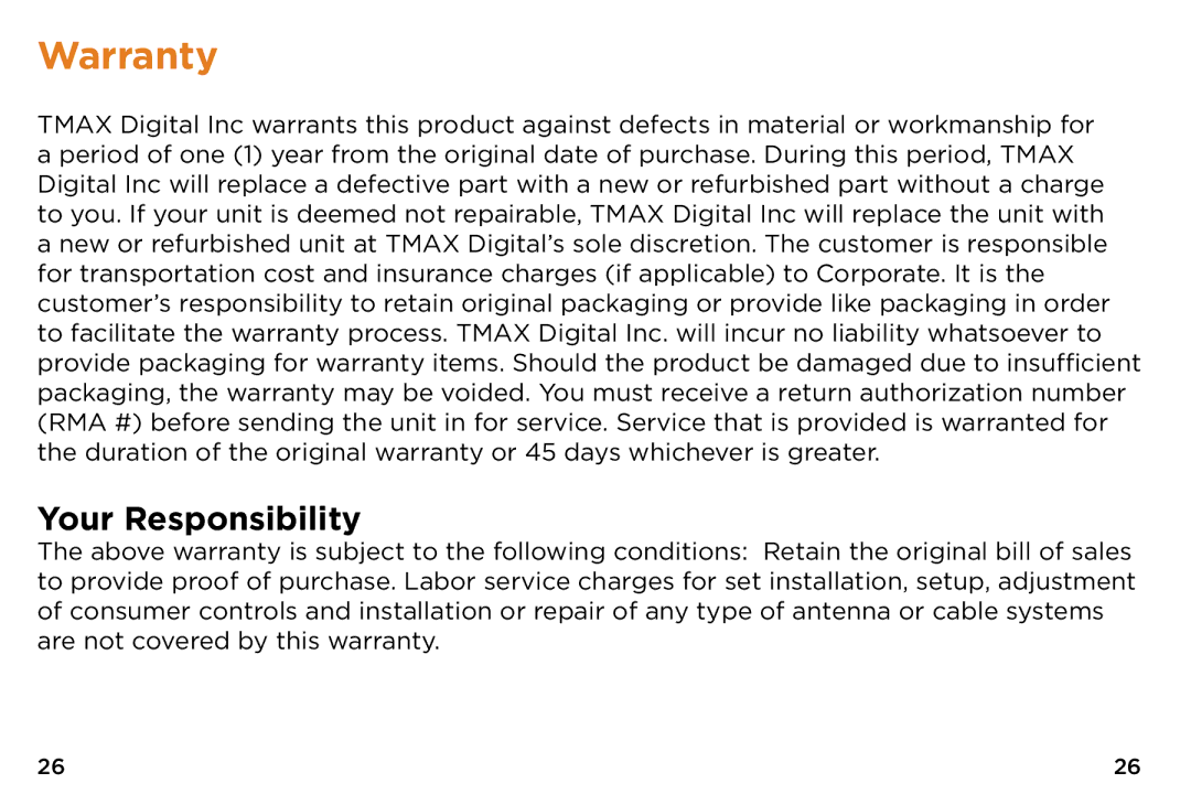 NuVision v2-073014 quick start Warranty, Your Responsibility 