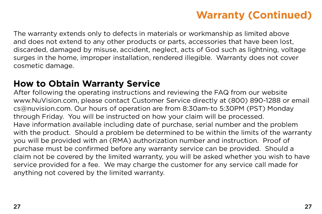 NuVision v2-073014 quick start How to Obtain Warranty Service 