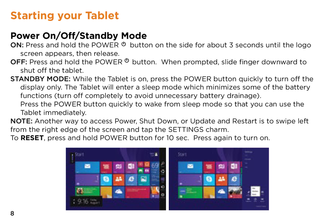 NuVision v2-073014 quick start Starting your Tablet, Power On/Off/Standby Mode 