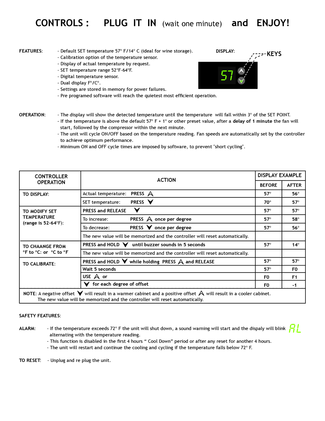 Nuvo 110, 220 manual Controls Plug IT in wait one minute and Enjoy, Controller Action Display Example Operation 