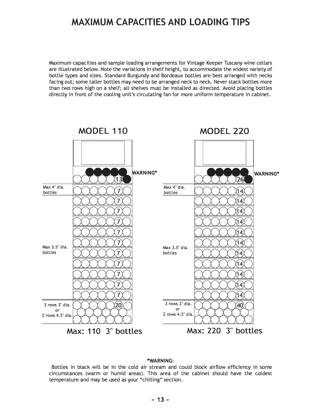 Nuvo 220, 110 manual Maximum Capacities And Loading Tips, ~ 13 ~, Model, bottles 