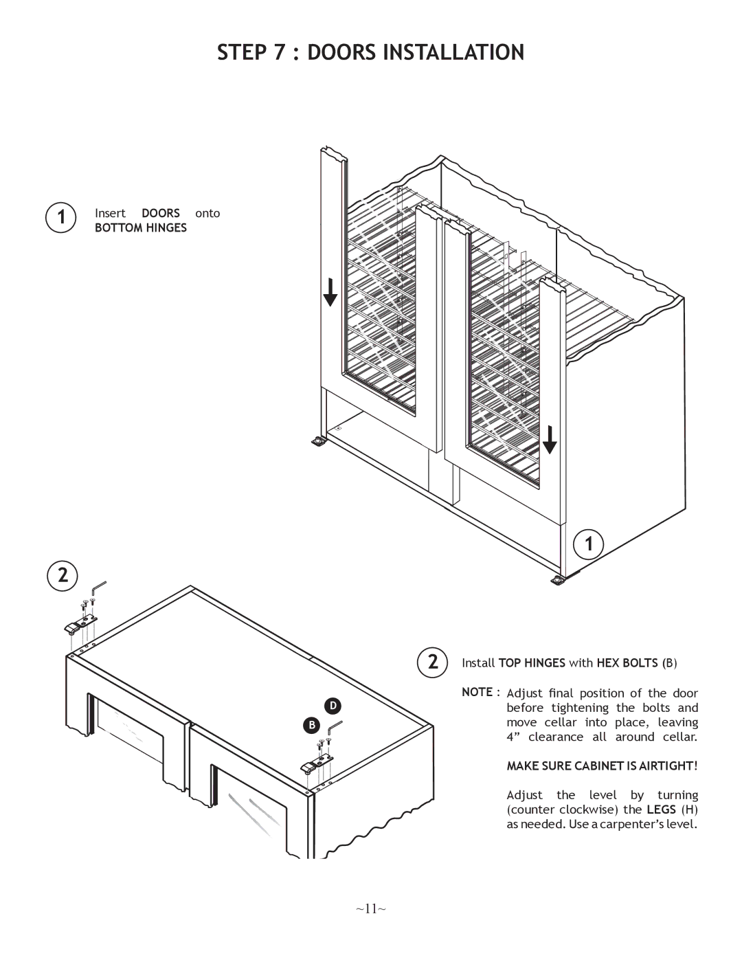 Nuvo 250, 500 operation manual Doors Installation, Bottom Hinges 