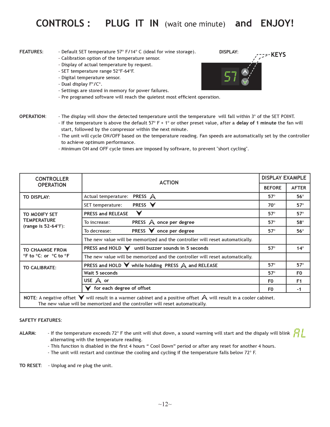 Nuvo 500, 250 operation manual Controls Plug IT in wait one minute and Enjoy, Controller Action Display Example Operation 