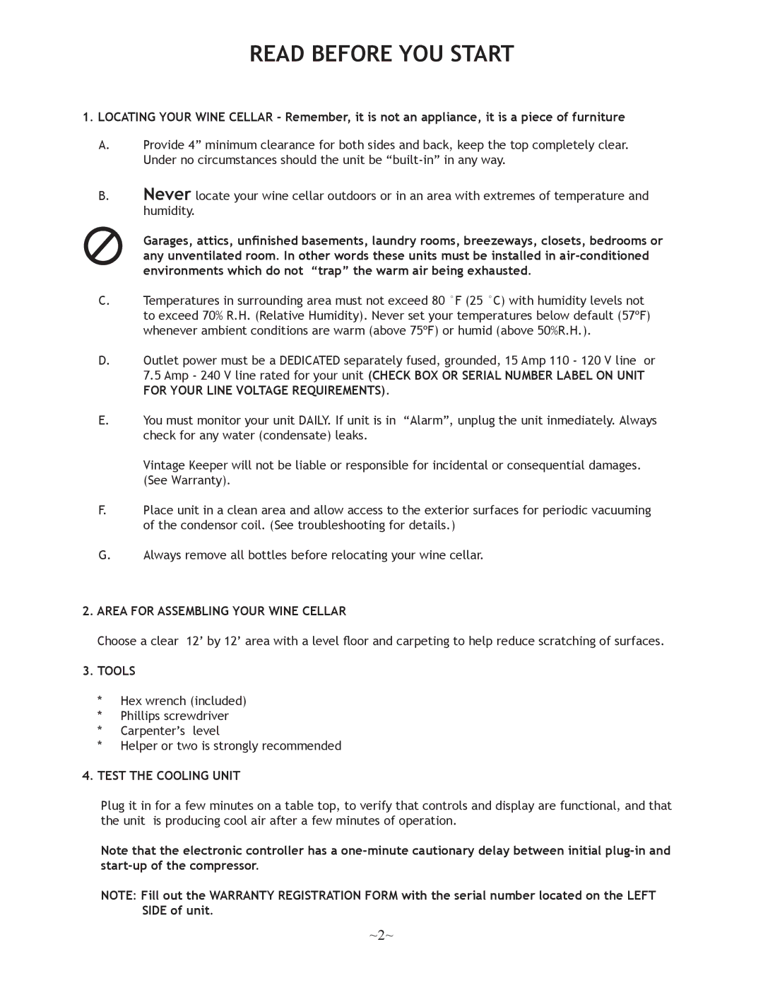 Nuvo 500, 250 operation manual Read Before YOU Start, Area for Assembling Your Wine Cellar, Tools, Test the Cooling Unit 