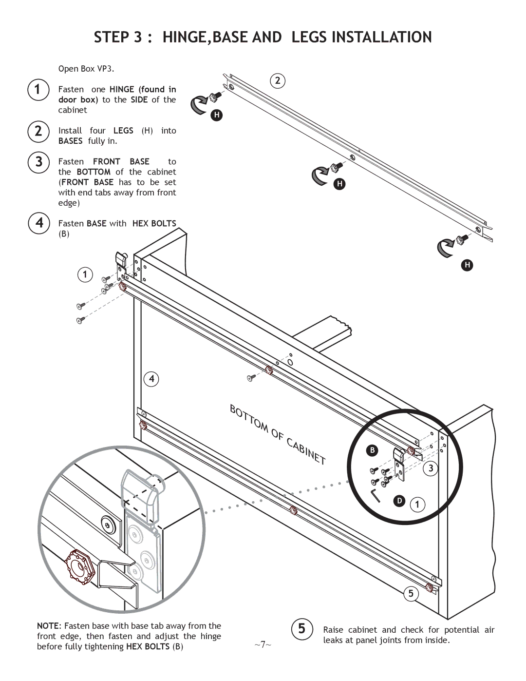 Nuvo 250, 500 operation manual HINGE,BASE and Legs Installation, Base, HEX Bolts 