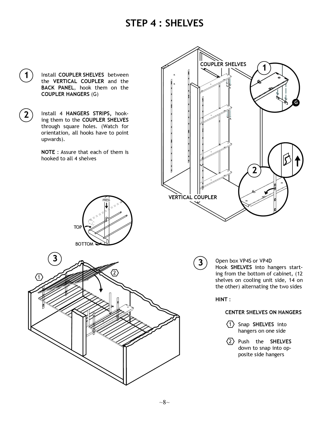 Nuvo 500, 250 operation manual Coupler Hangers G, Coupler S Helves Vertical Coupler, Hint, Center Shelves on Hangers 