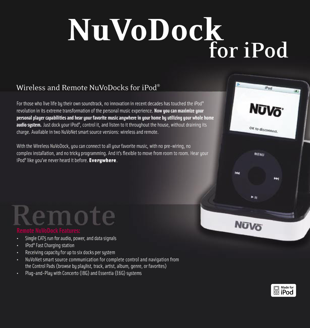 Nuvo E6G, I8G manual Remote NuVoDock Features 